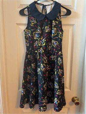 Dark Navy Blue Sailor Moon Print Fit & Flare Dress with Peter Pan Collar
